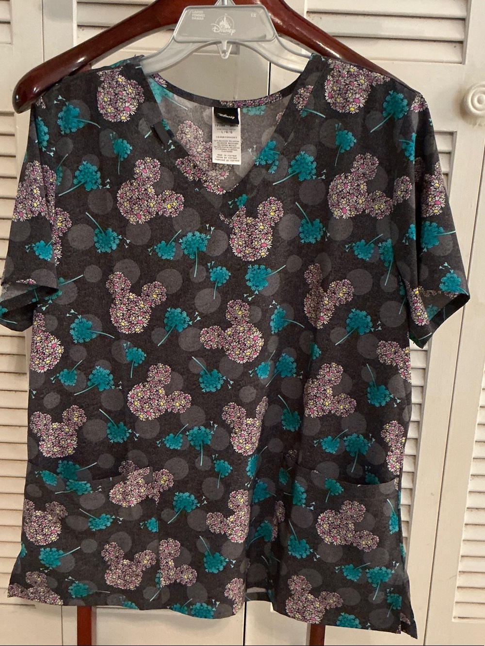 Disney Short Sleeve V-Neck Tee in Charcoal with Teal and Lavender Floral Mickeys